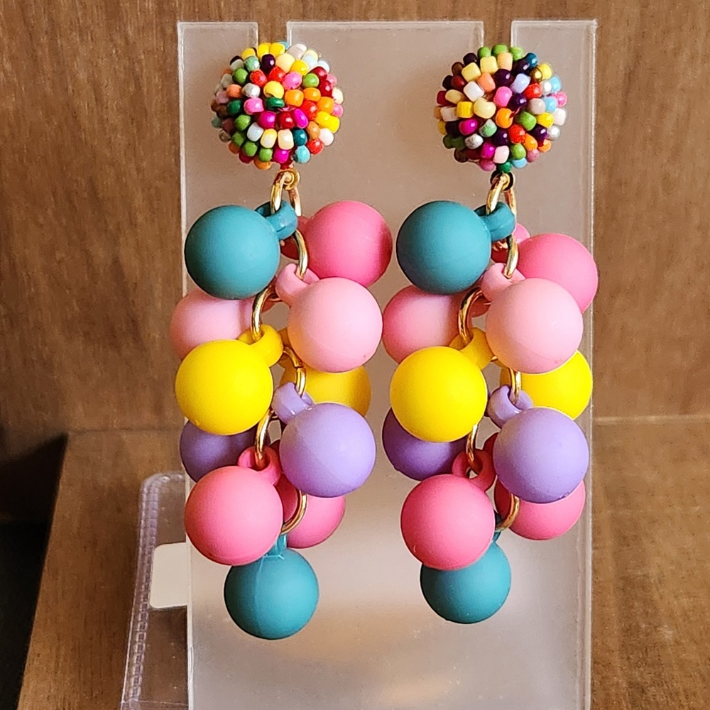 Multicolor Matte Ball Cluster Drop Earrings Seed Bead‎ Post Statement Rainbow